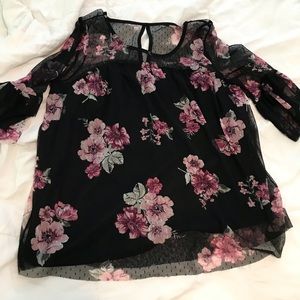 Black, floral, Bell sleeve, sheer blouse